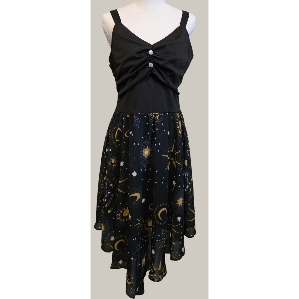 Asymmetrical Black & Gold Celestial Print Dress